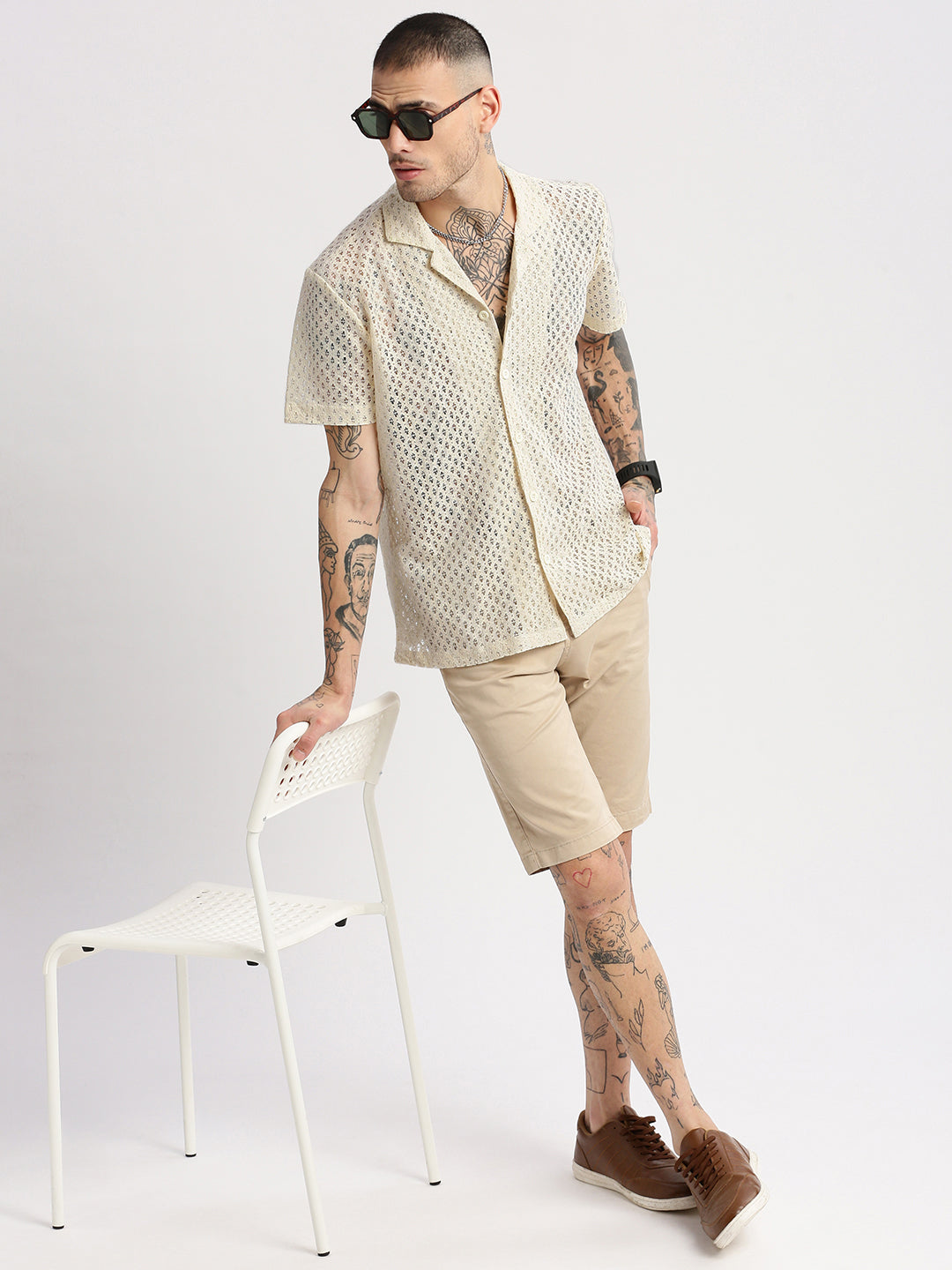 Men's Cuban Collar Solid Cream Crochet Shirt