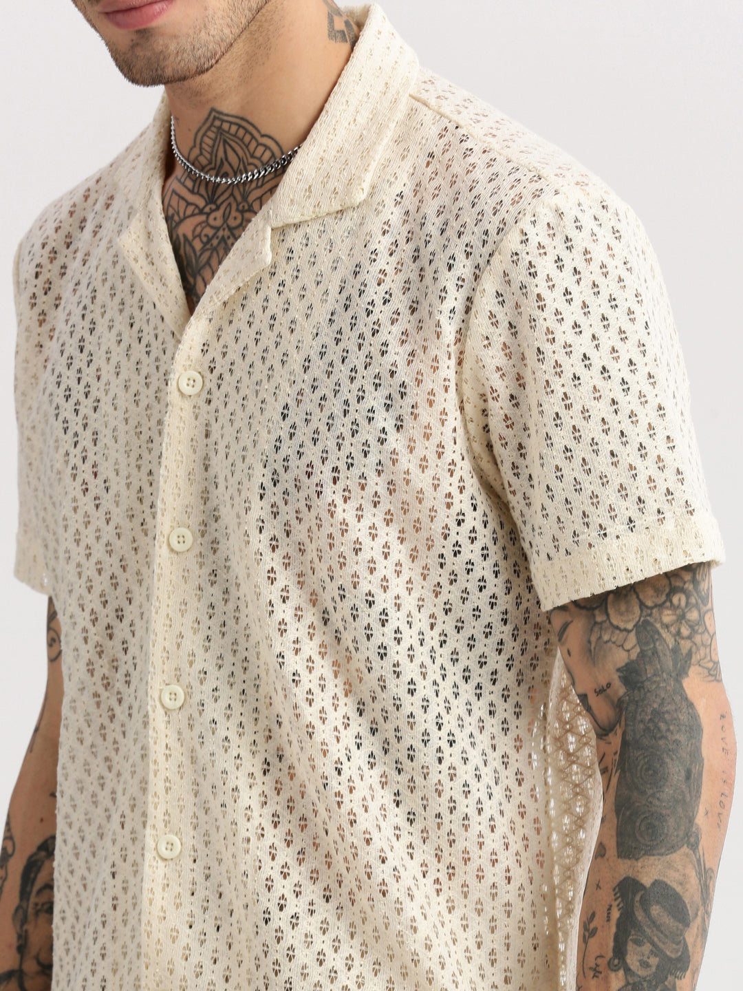 Men's Cuban Collar Solid Cream Crochet Shirt