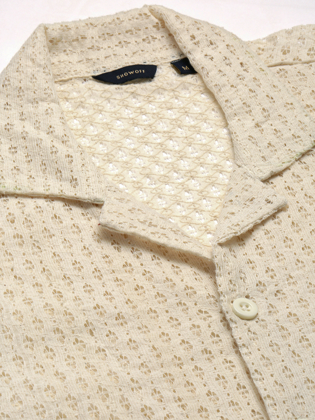 Men's Cuban Collar Solid Cream Crochet Shirt