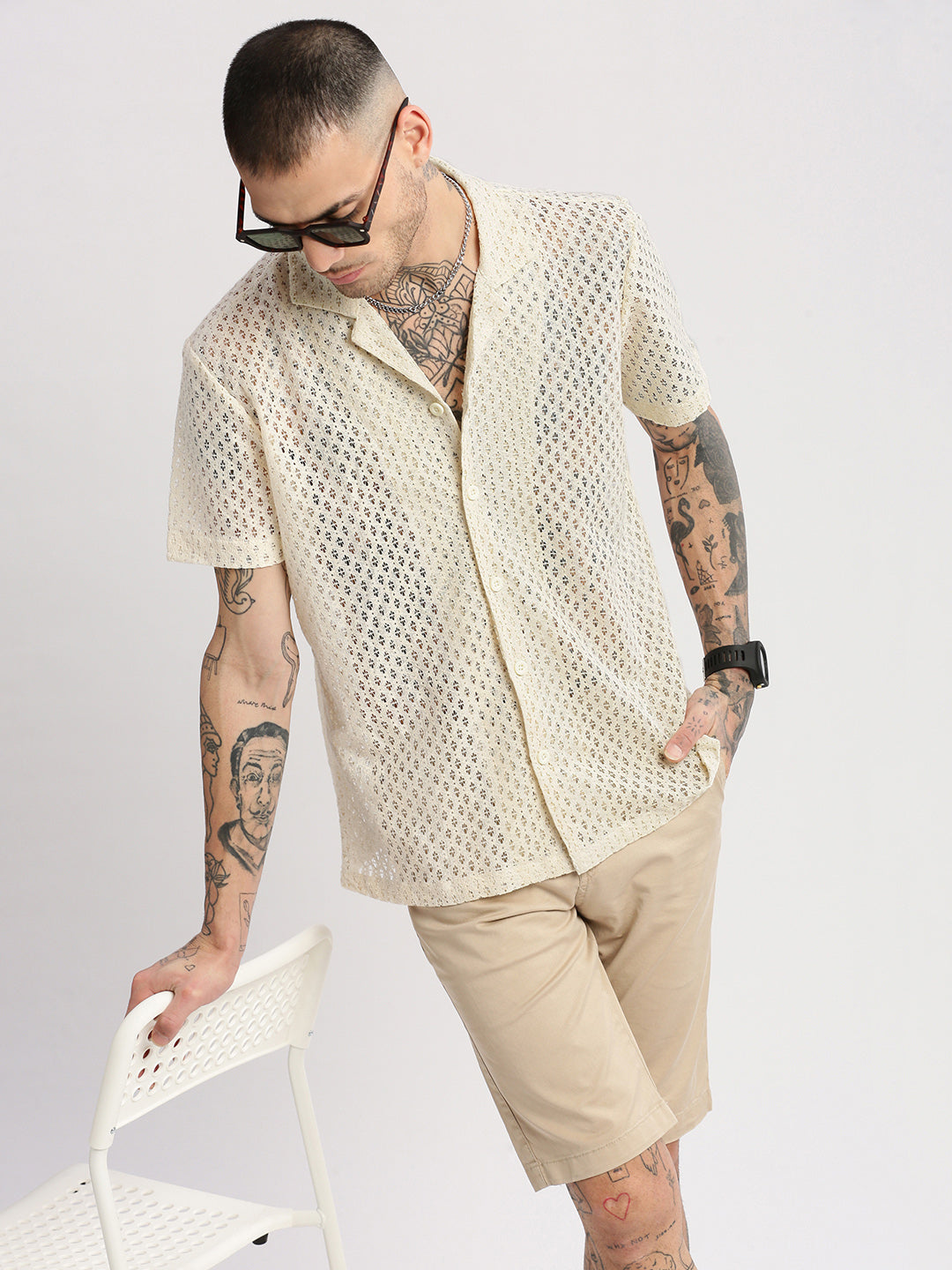 Men's Cuban Collar Solid Cream Crochet Shirt