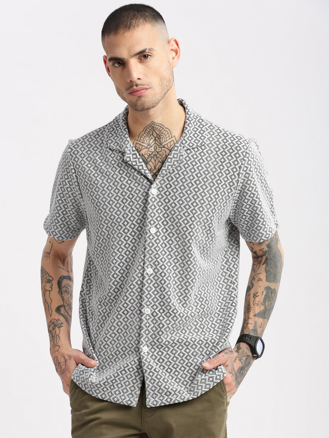 Men Cuban Collar Solid White Crochet Shirt