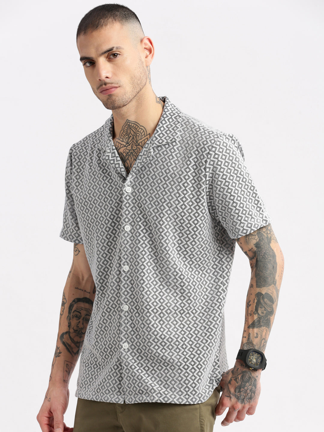 Men Cuban Collar Solid White Crochet Shirt