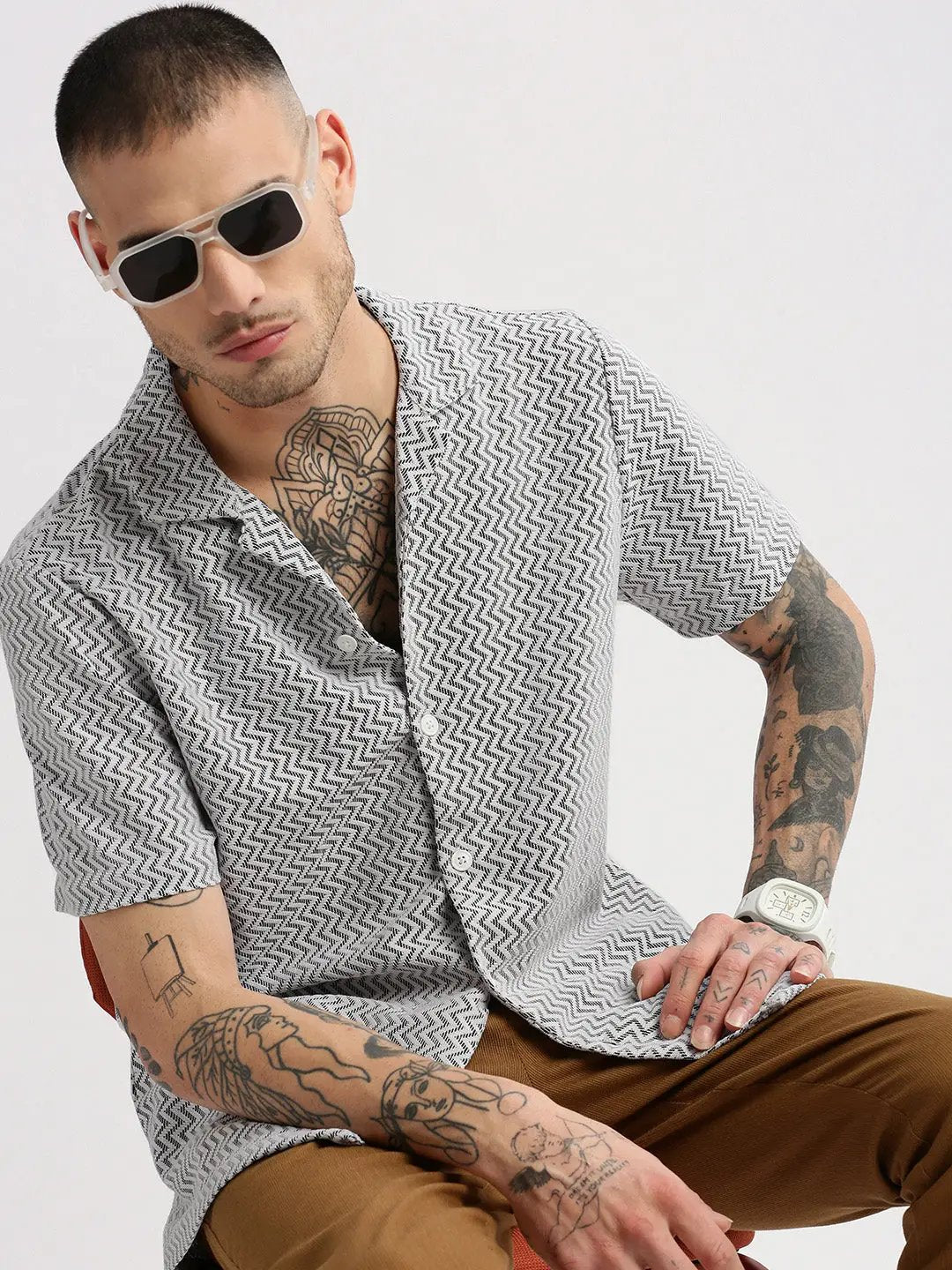 Men's Cuban Collar Solid White Crochet Shirt