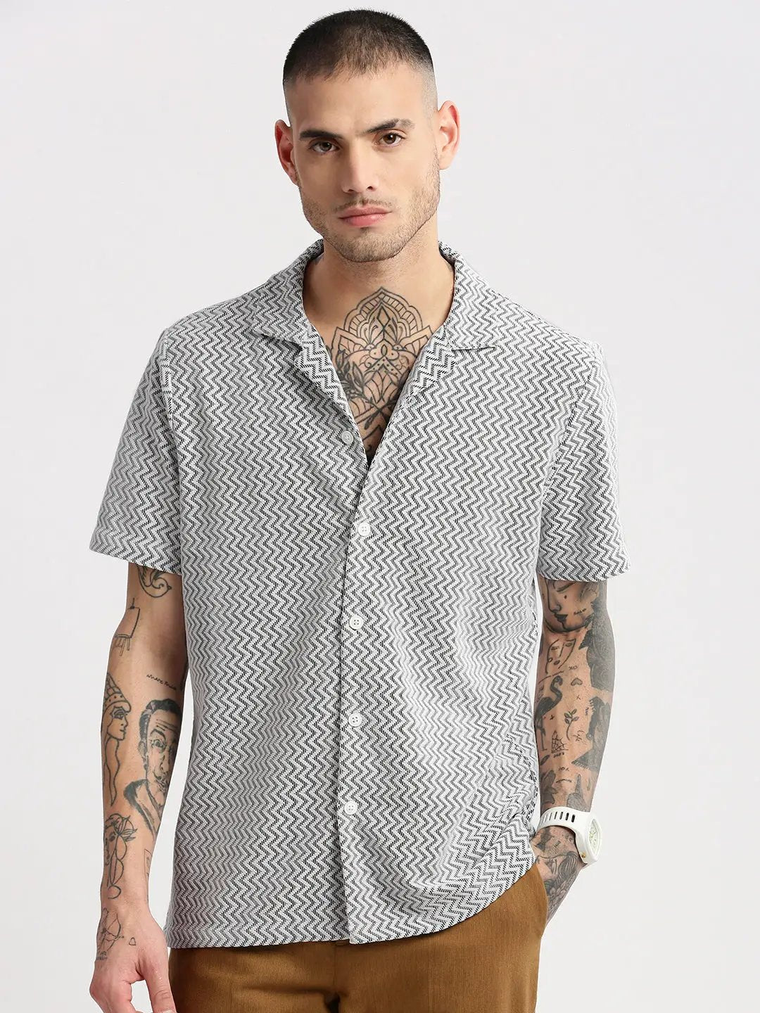 Men's Cuban Collar Solid White Crochet Shirt