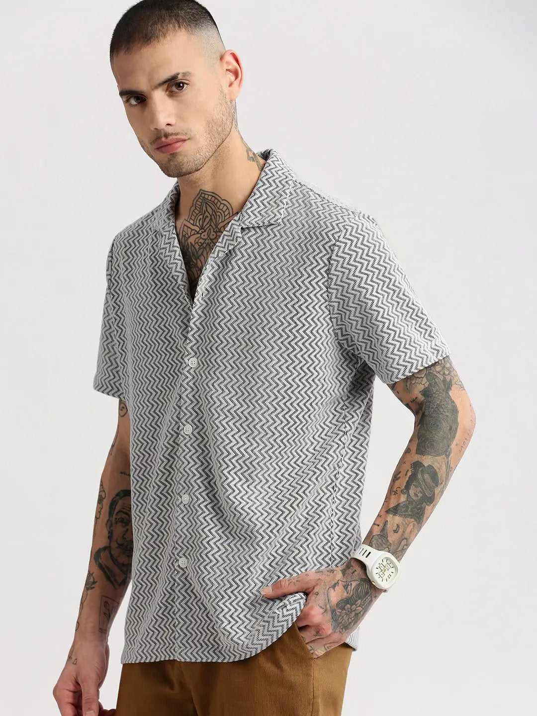 Men's Cuban Collar Solid White Crochet Shirt