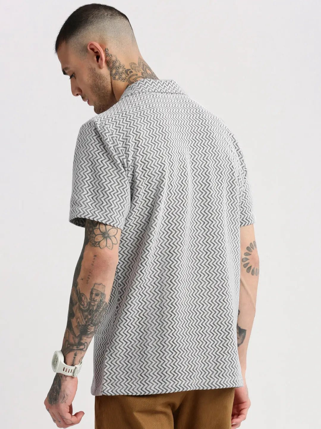 Men's Cuban Collar Solid White Crochet Shirt