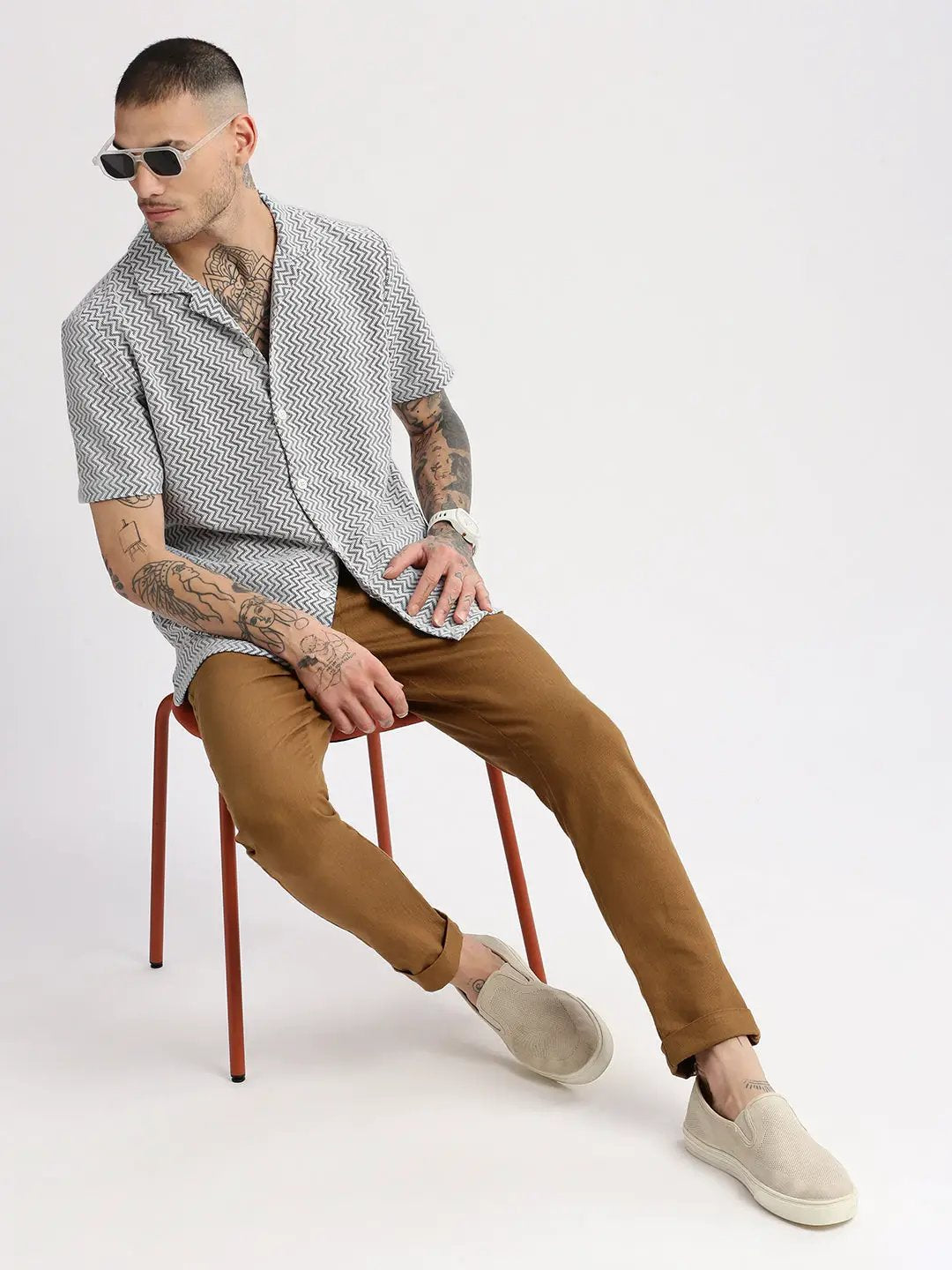 Men's Cuban Collar Solid White Crochet Shirt