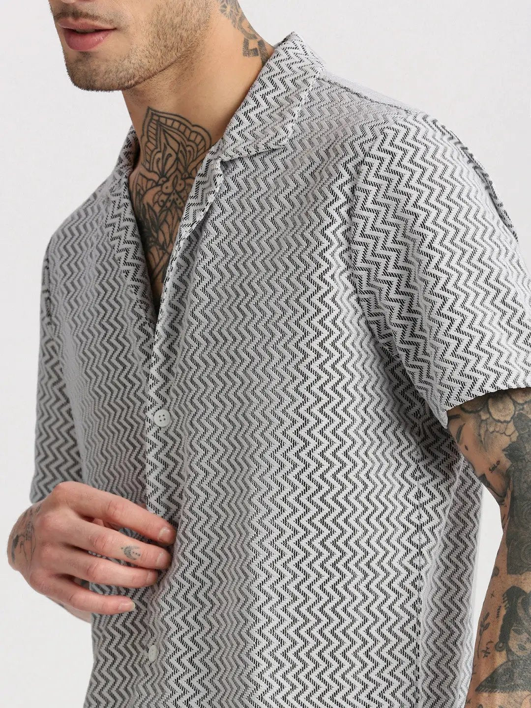 Men's Cuban Collar Solid White Crochet Shirt