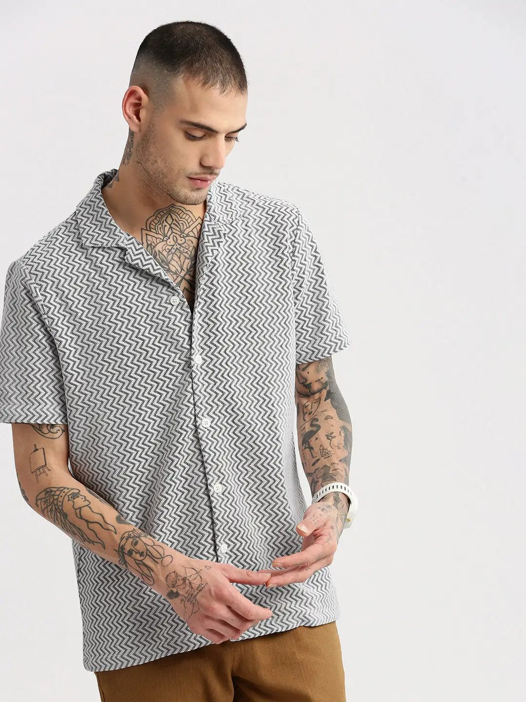 Men's Cuban Collar Solid White Crochet Shirt