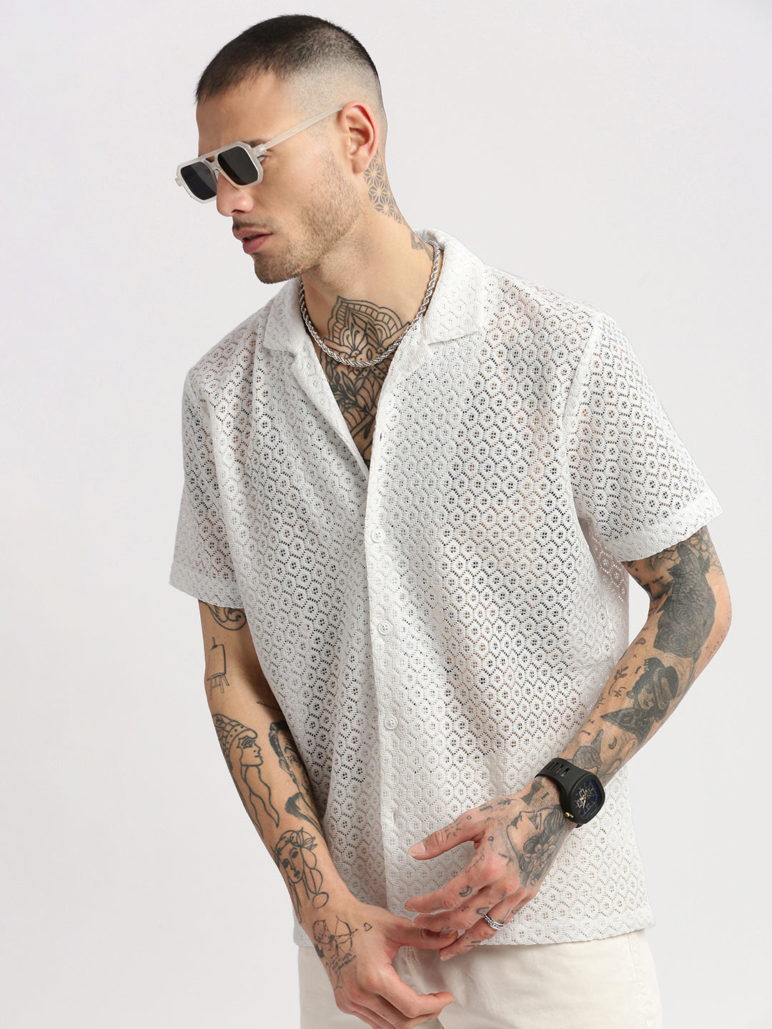 Men Cuban Collar Solid White Crochet Shirt