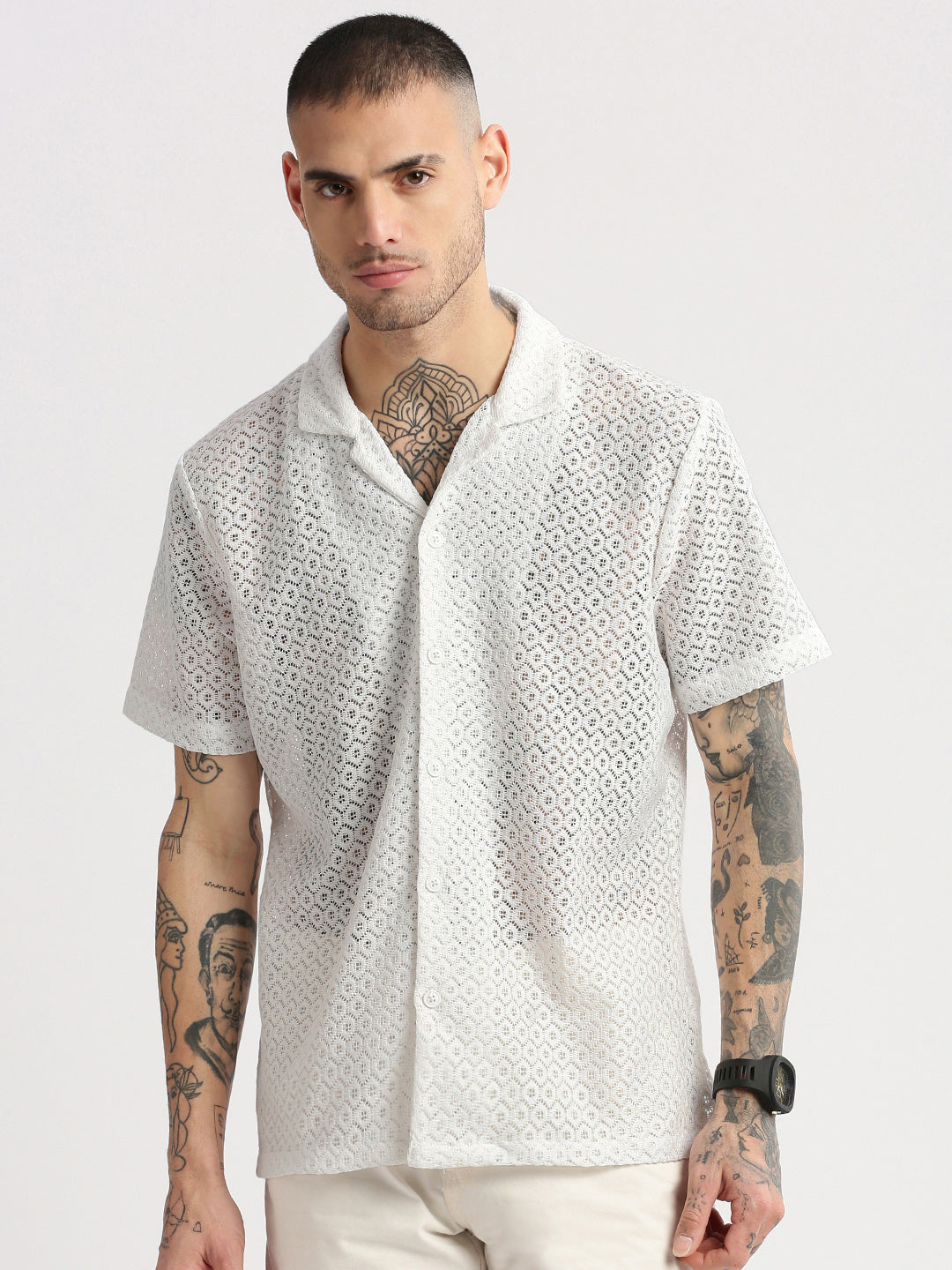 Men Cuban Collar Solid White Crochet Shirt