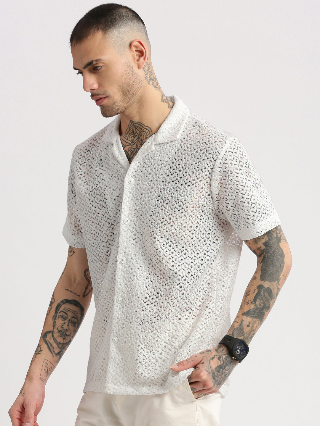 Men Cuban Collar Solid White Crochet Shirt