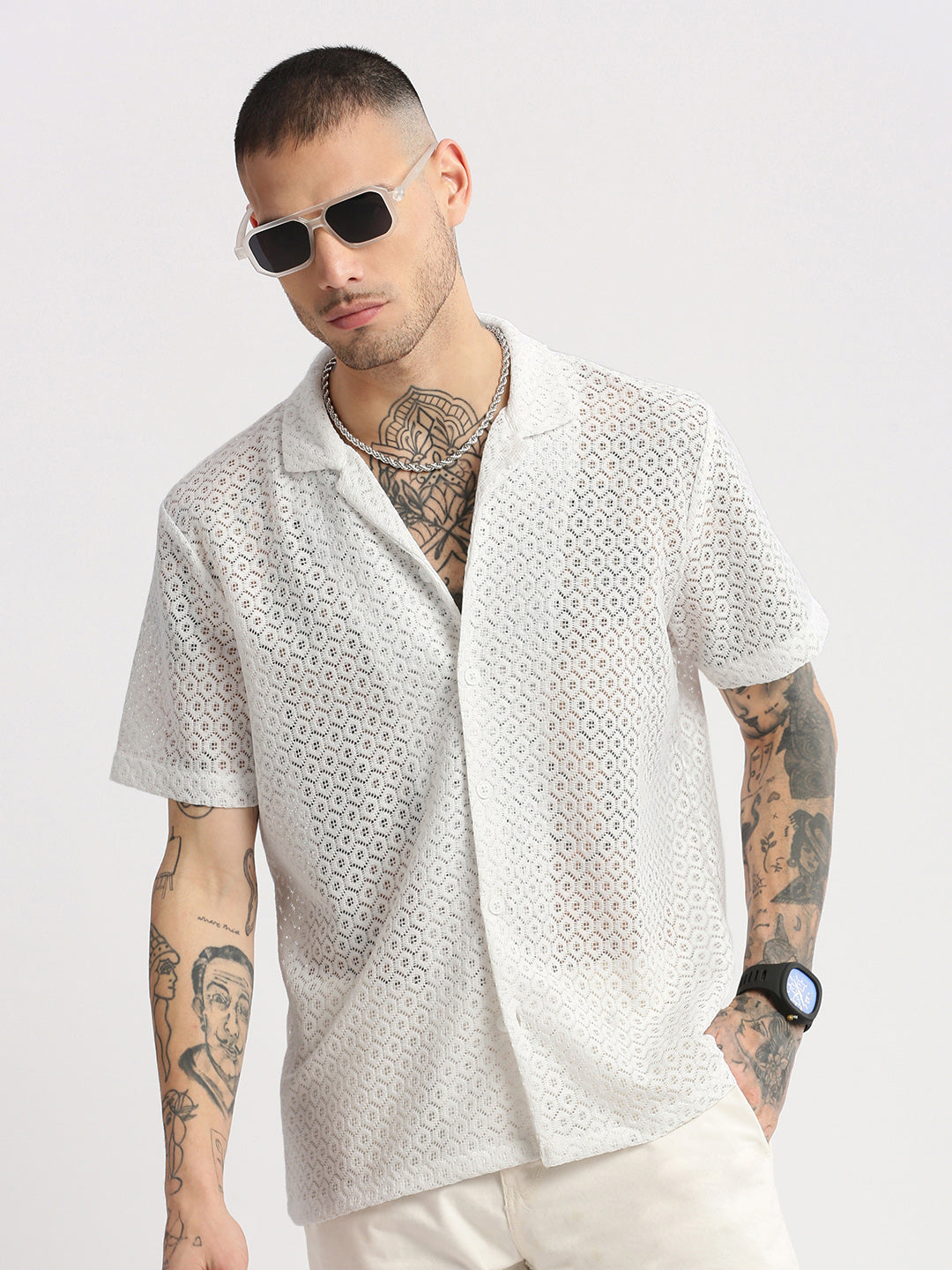 Men Cuban Collar Solid White Crochet Shirt