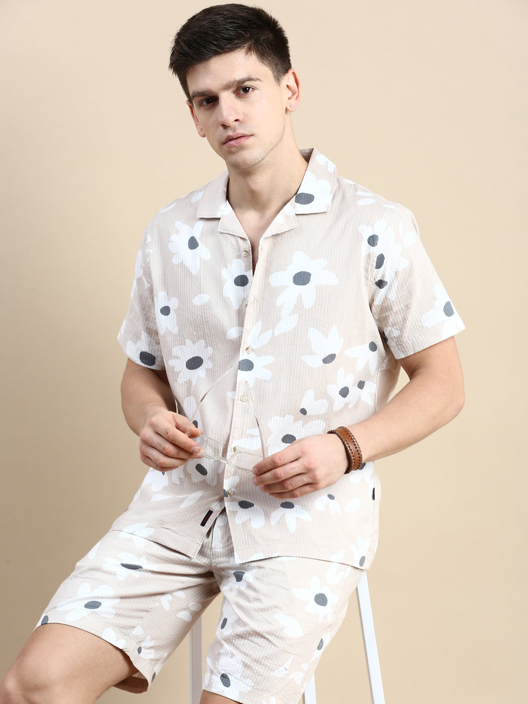 Men Beige Printed Casual Co ord Set