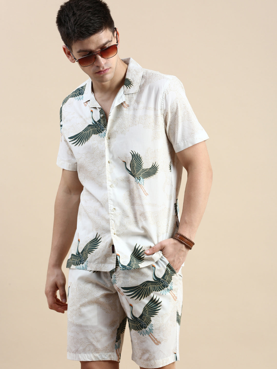 Men Cream Printed Casual Co ord Set