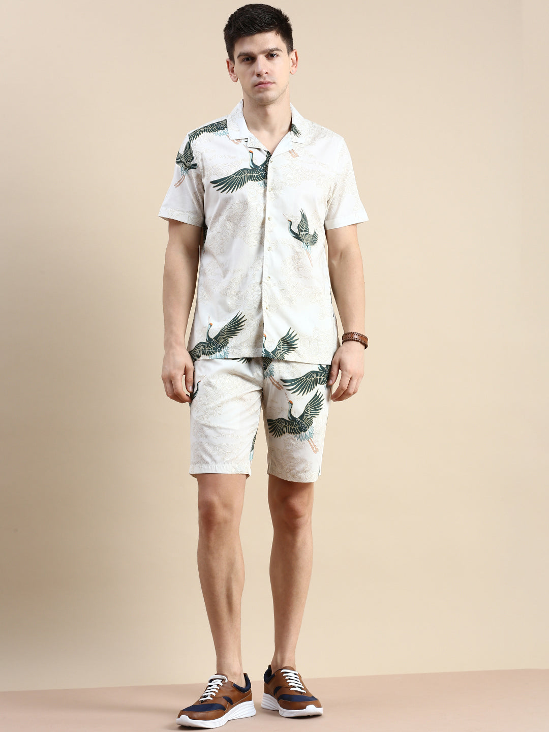 Men Cream Printed Casual Co ord Set