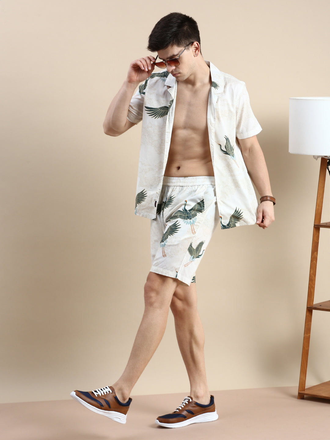 Men Cream Printed Casual Co ord Set