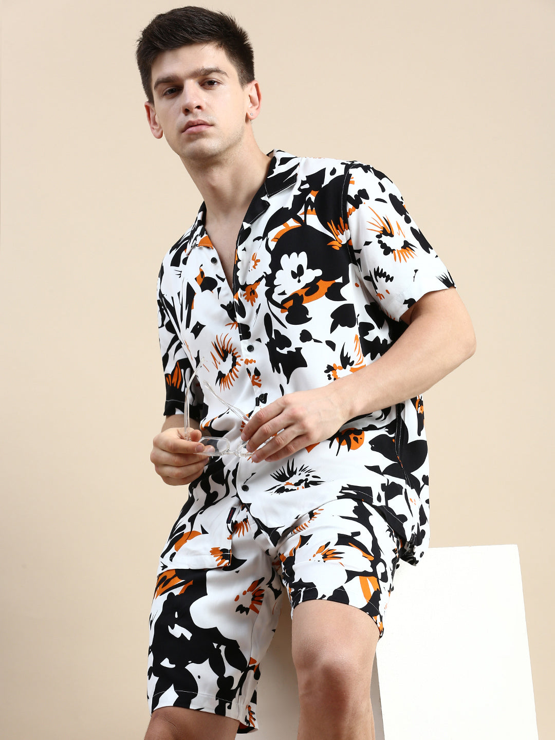 Men White Printed Casual Co ord Set