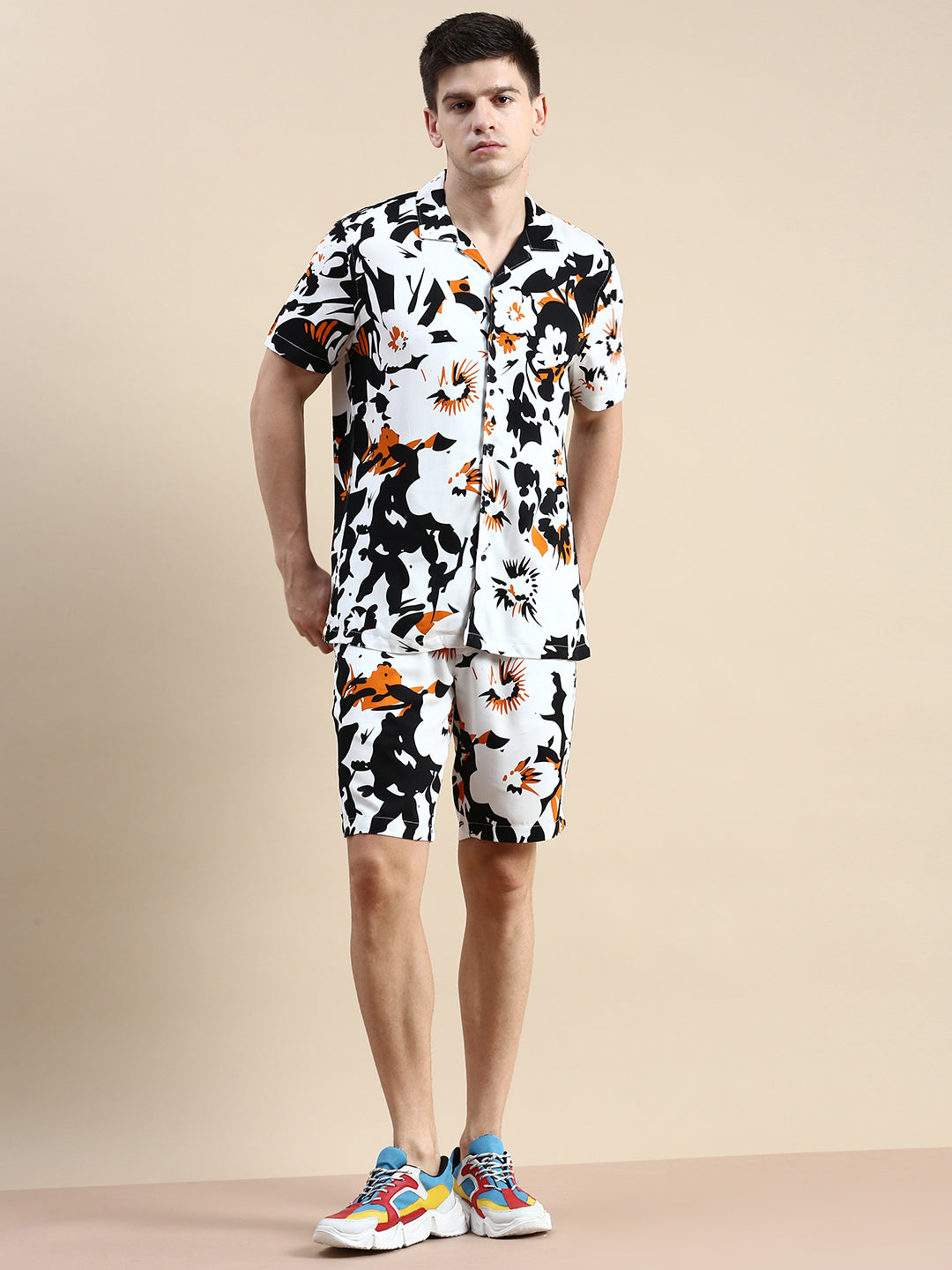 Men White Printed Casual Co ord Set