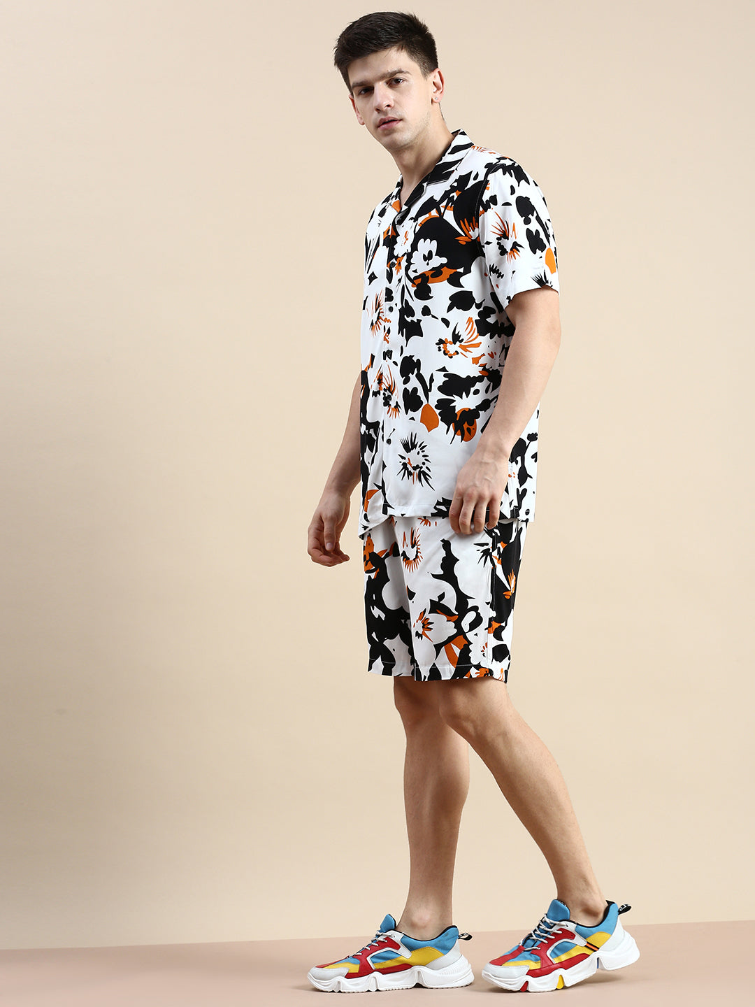 Men White Printed Casual Co ord Set