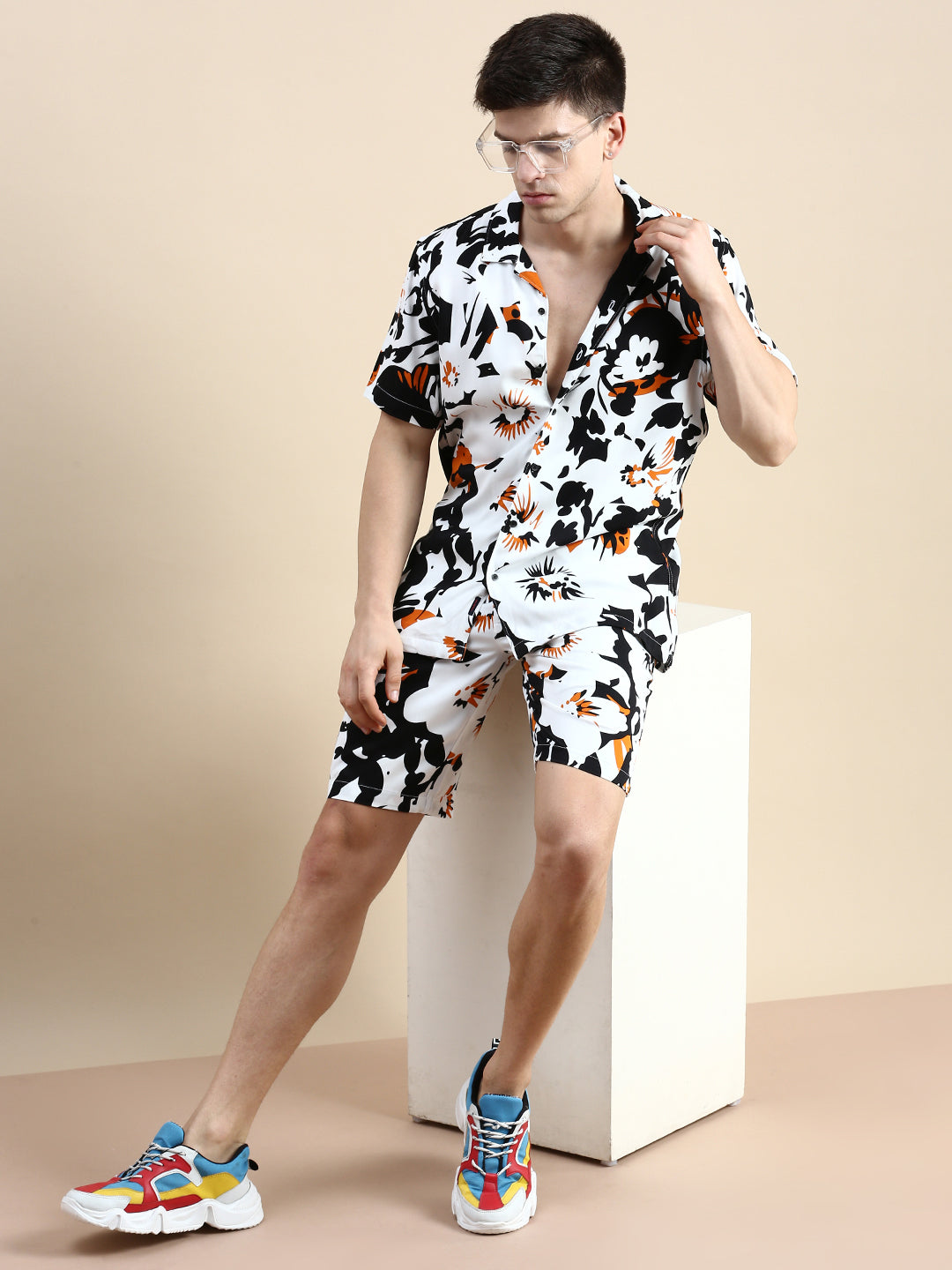 Men White Printed Casual Co ord Set