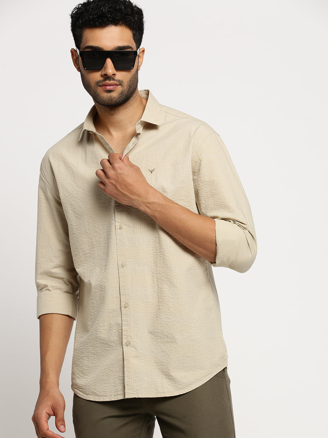 Men Cream Spread Collar Solid Shirt