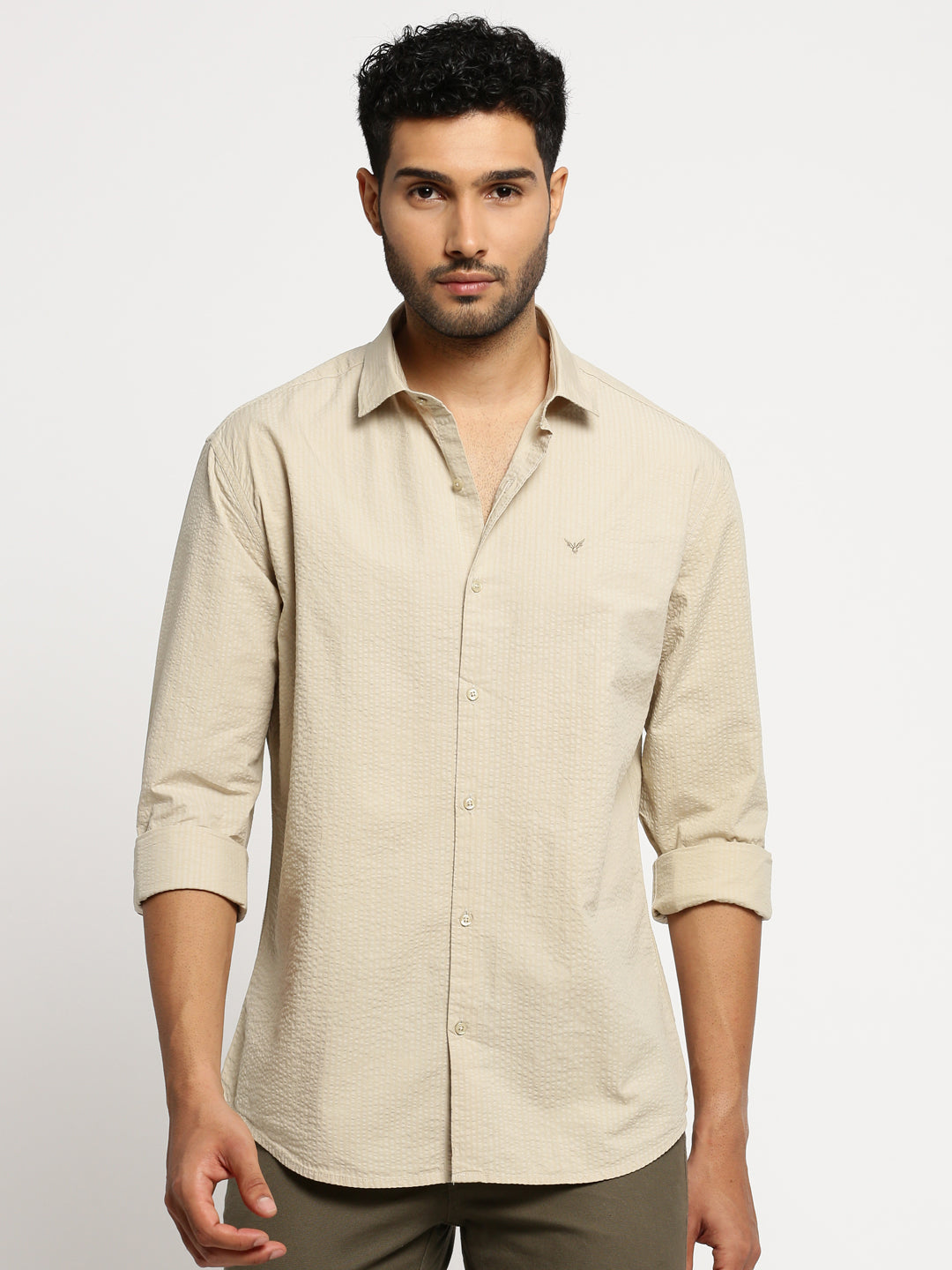 Men Cream Spread Collar Solid Shirt