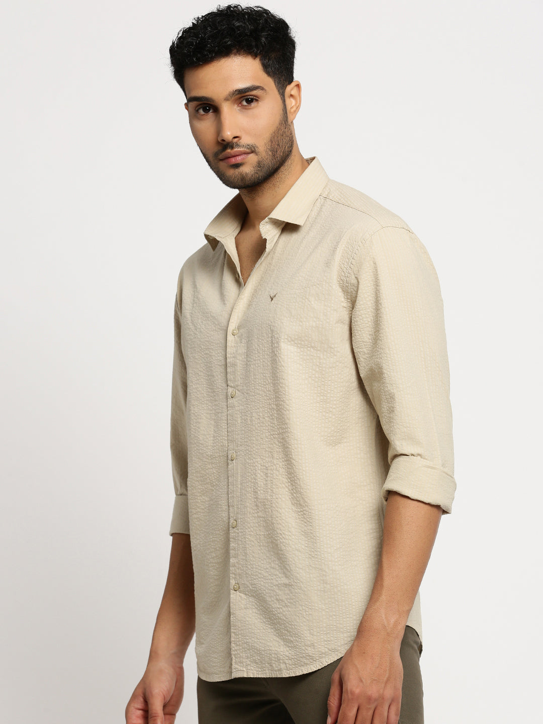 Men Cream Spread Collar Solid Shirt