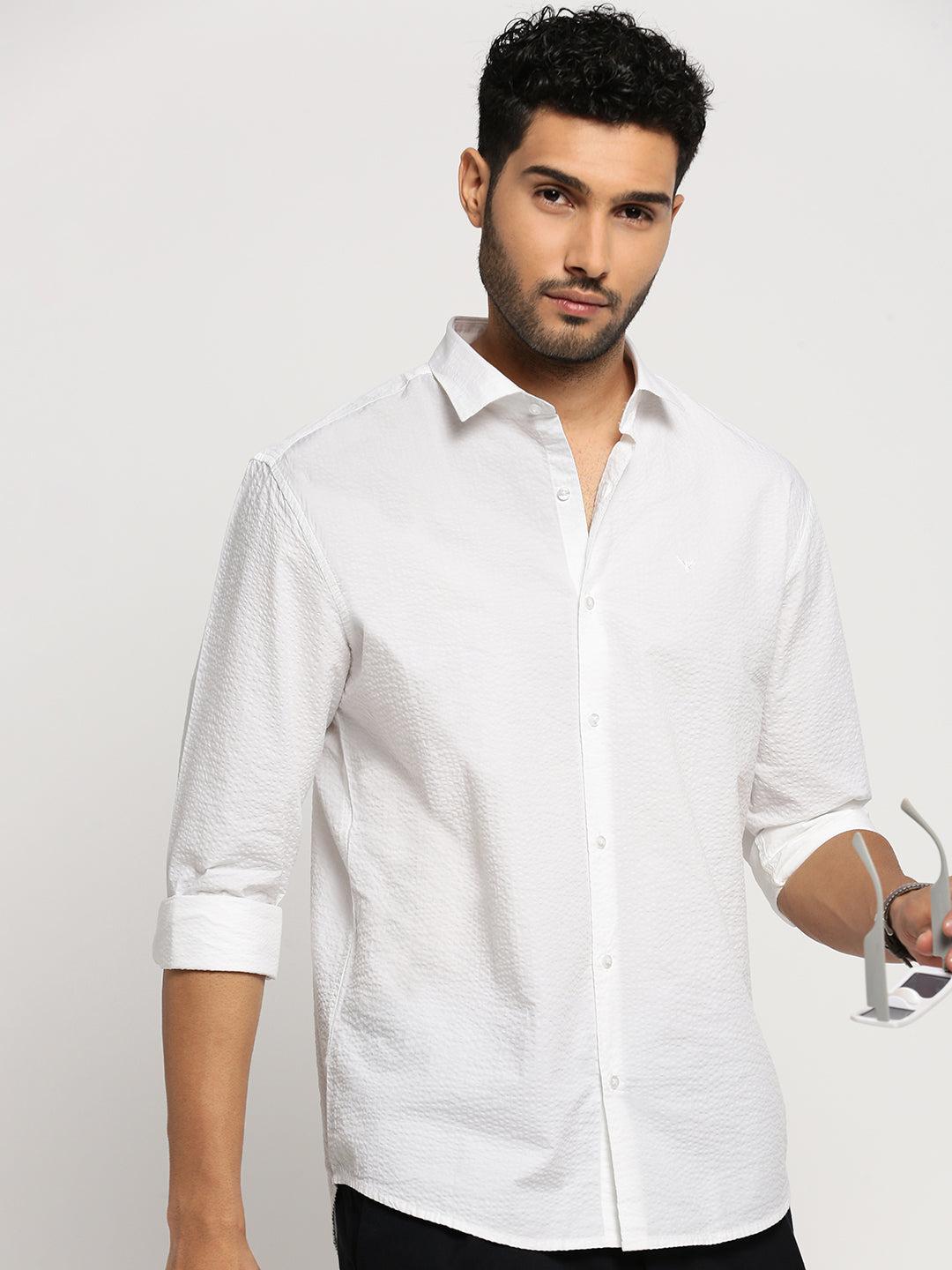 Men White Spread Collar Solid Shirt