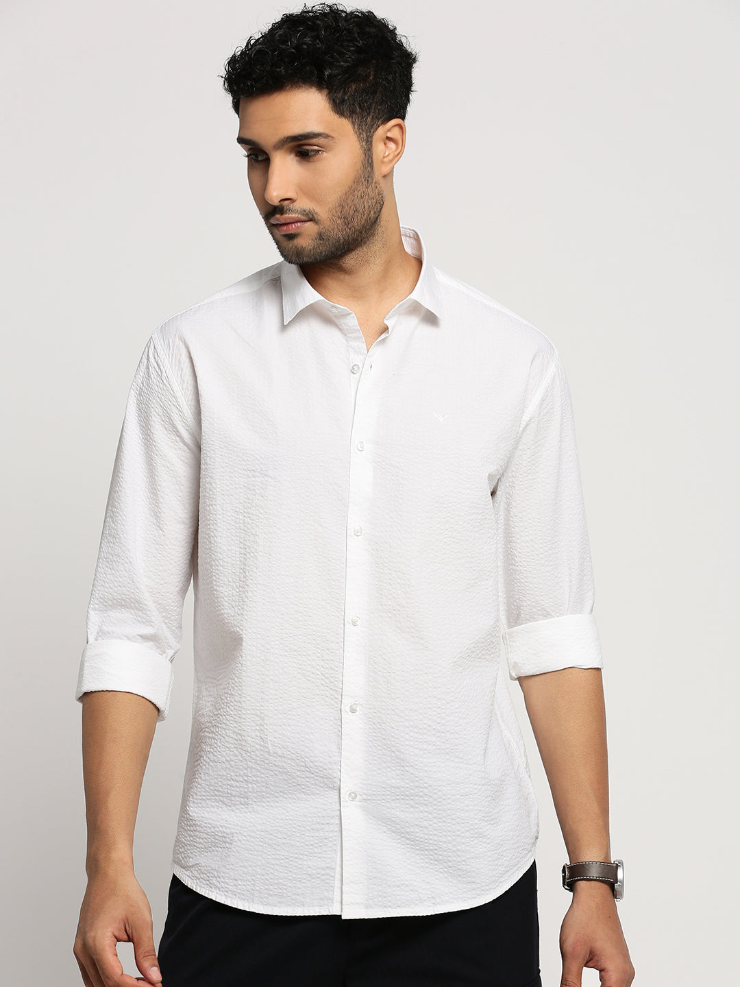 Men White Spread Collar Solid Shirt