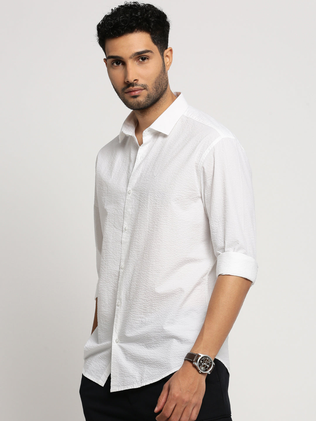 Men White Spread Collar Solid Shirt