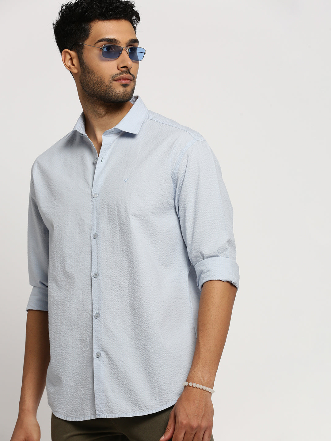 Men Blue Spread Collar Solid Shirt