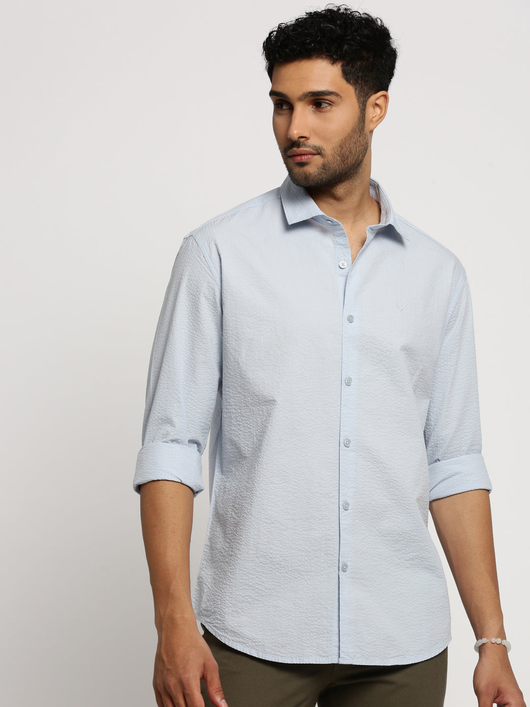 Men Blue Spread Collar Solid Shirt