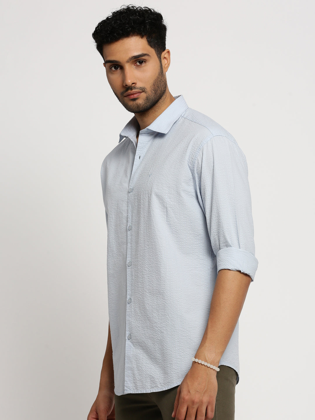 Men Blue Spread Collar Solid Shirt