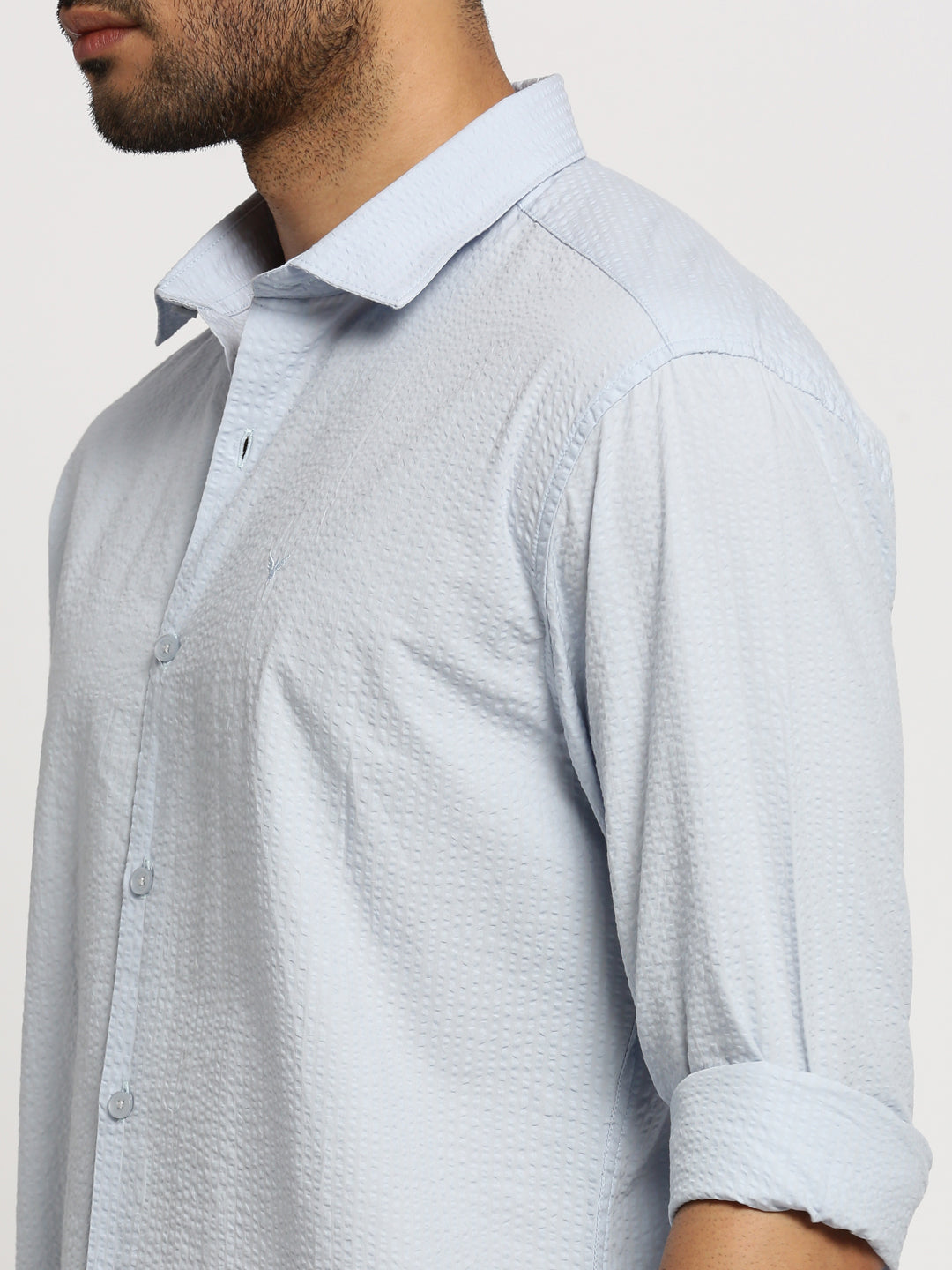 Men Blue Spread Collar Solid Shirt