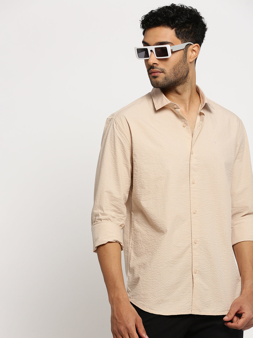 Men Peach Spread Collar Solid Shirt