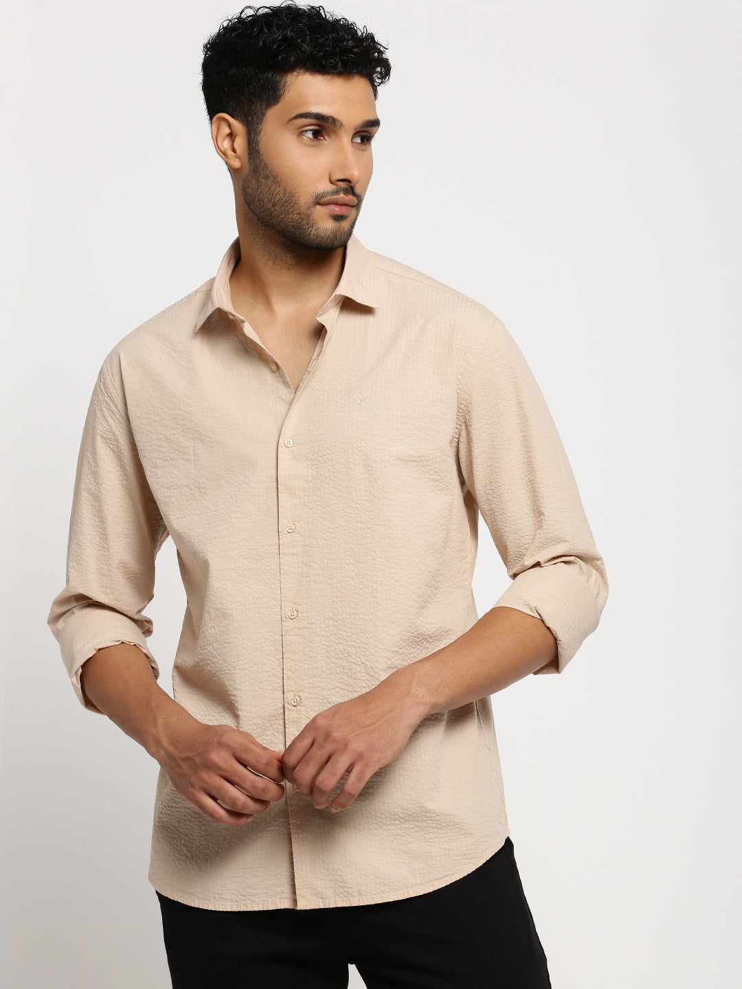 Men Peach Spread Collar Solid Shirt