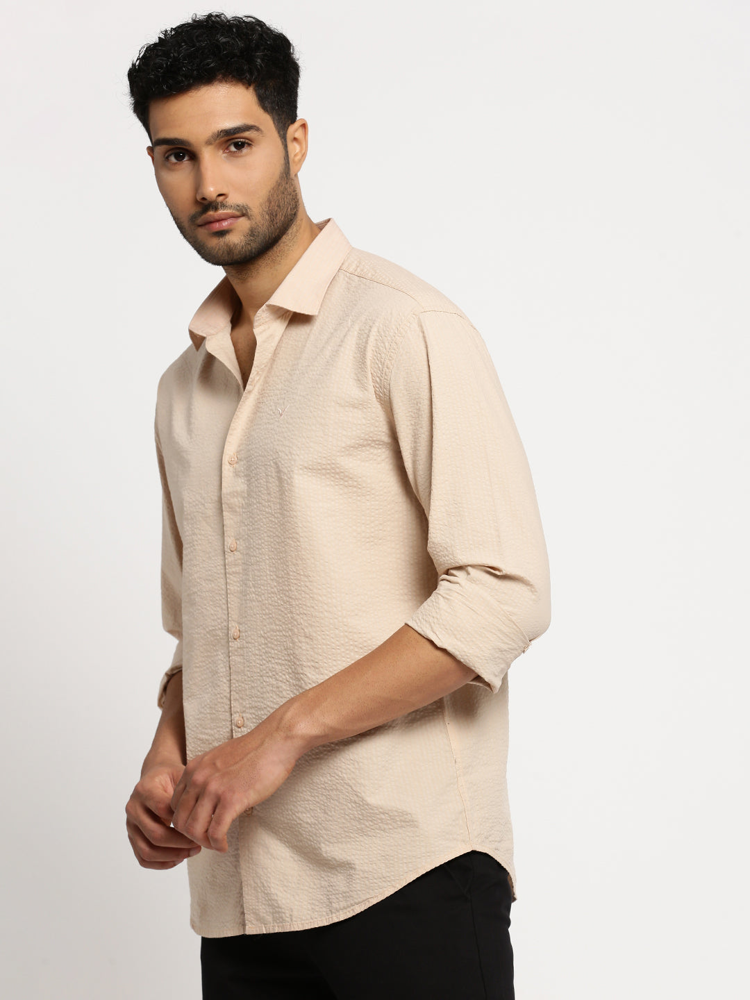 Men Peach Spread Collar Solid Shirt