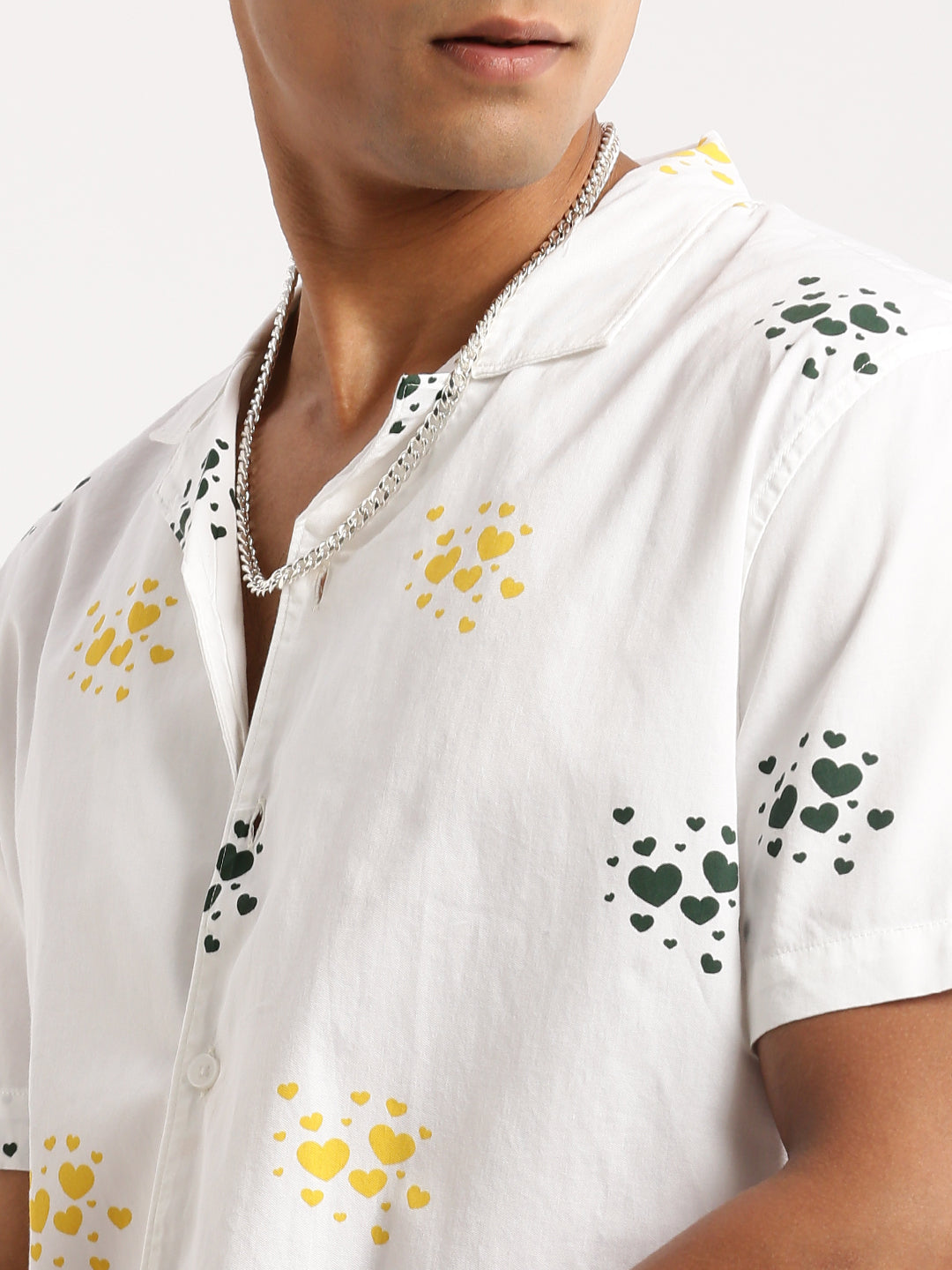 Men White Cuban Collar Graphic Shirt