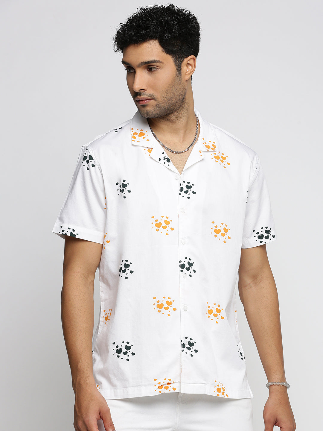 Men White Cuban Collar Graphic Shirt