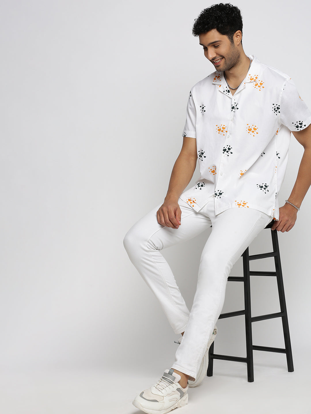 Men White Cuban Collar Graphic Shirt