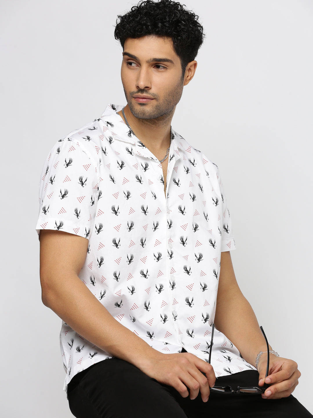 Men White Cuban Collar Graphic Shirt