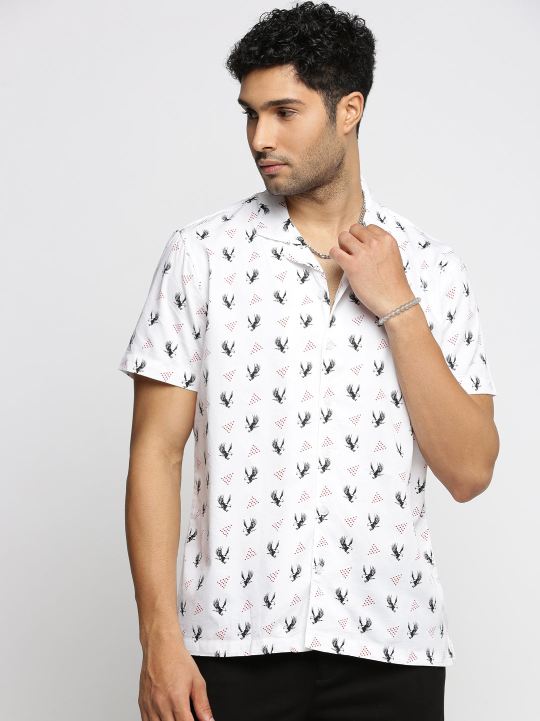 Men White Cuban Collar Graphic Shirt