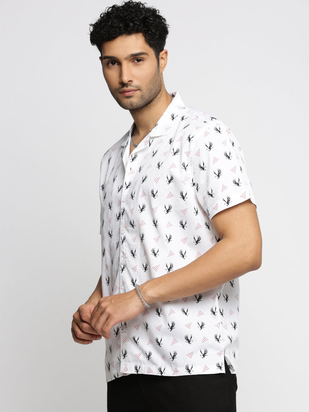 Men White Cuban Collar Graphic Shirt