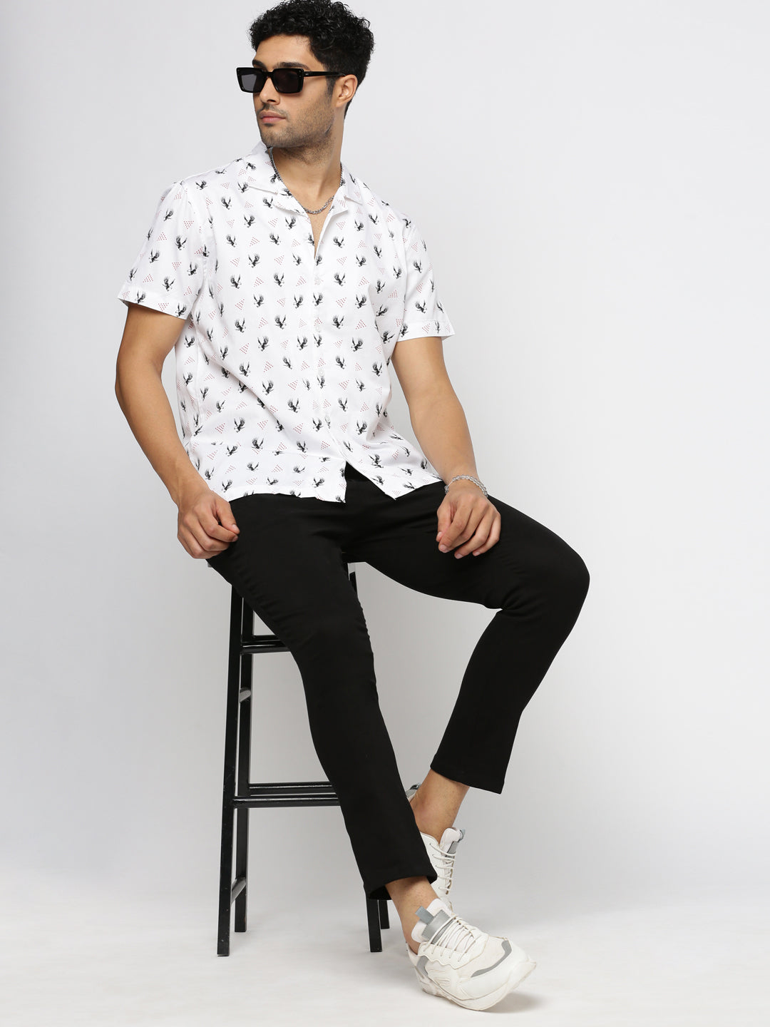 Men White Cuban Collar Graphic Shirt