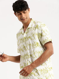 Men's White Premium Abstract Printed Cuban Collar Cotton Casual Shirt