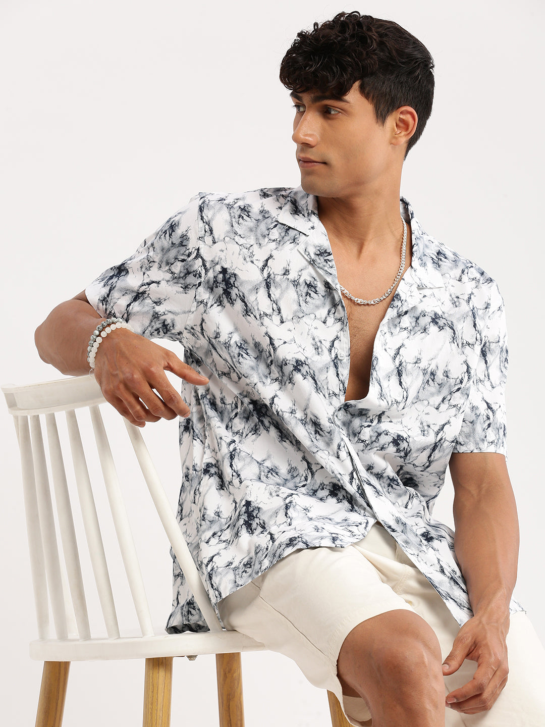 Men's White Cuban Collar Abstract Shirt