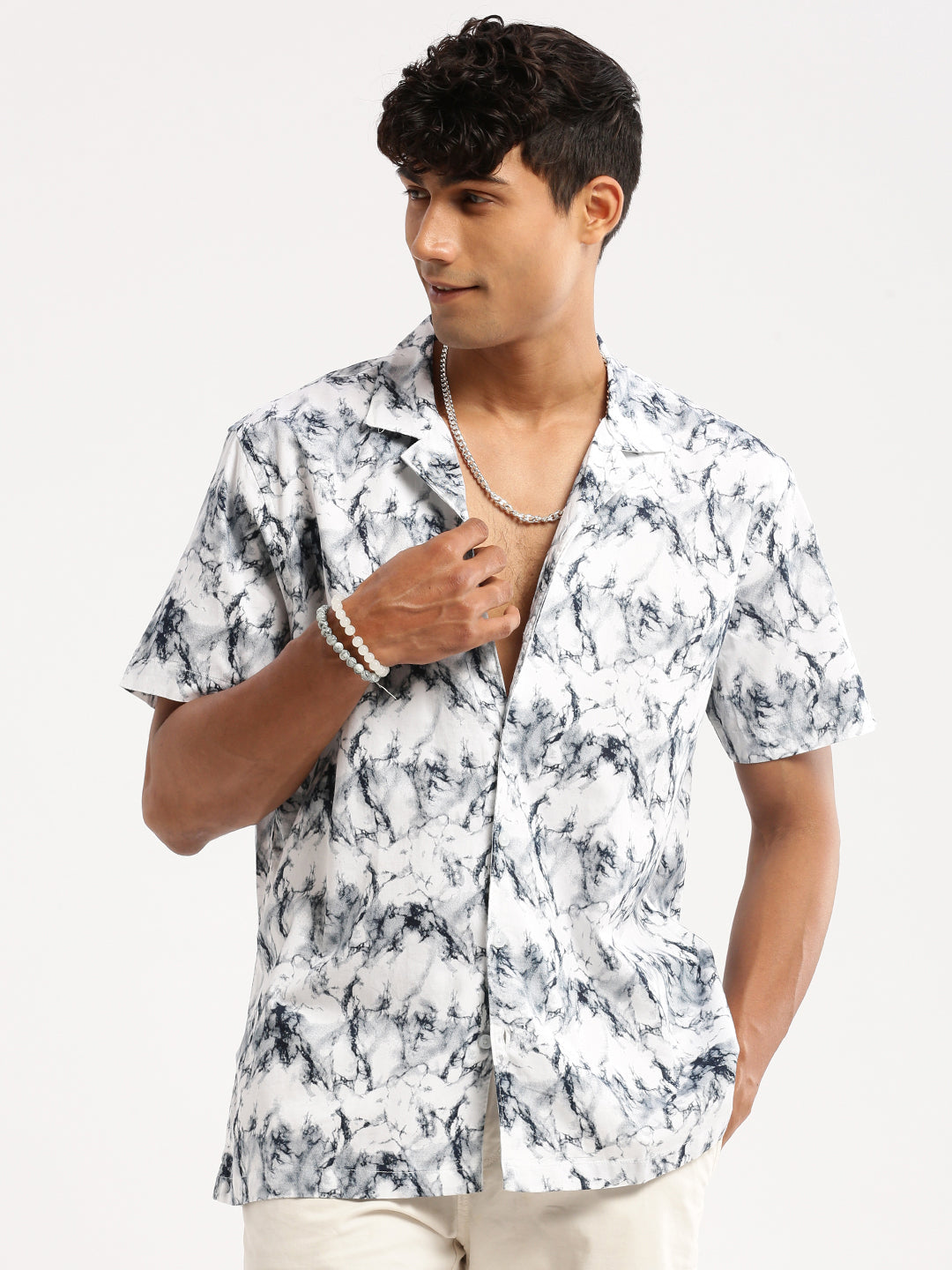 Men's White Cuban Collar Abstract Shirt