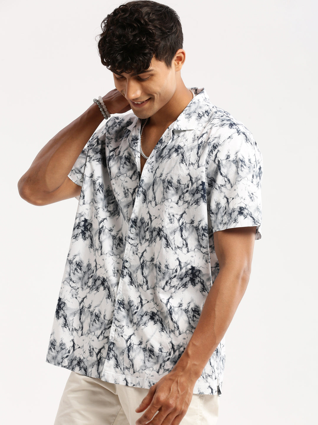 Men's White Cuban Collar Abstract Shirt