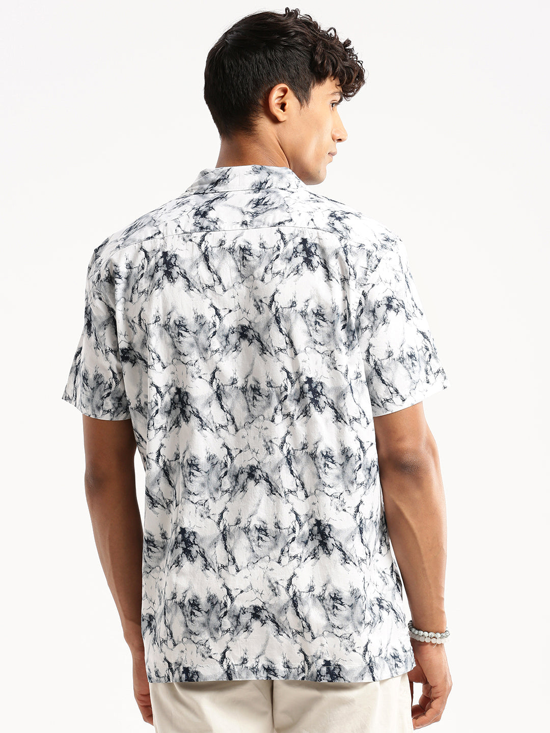 Men's White Cuban Collar Abstract Shirt